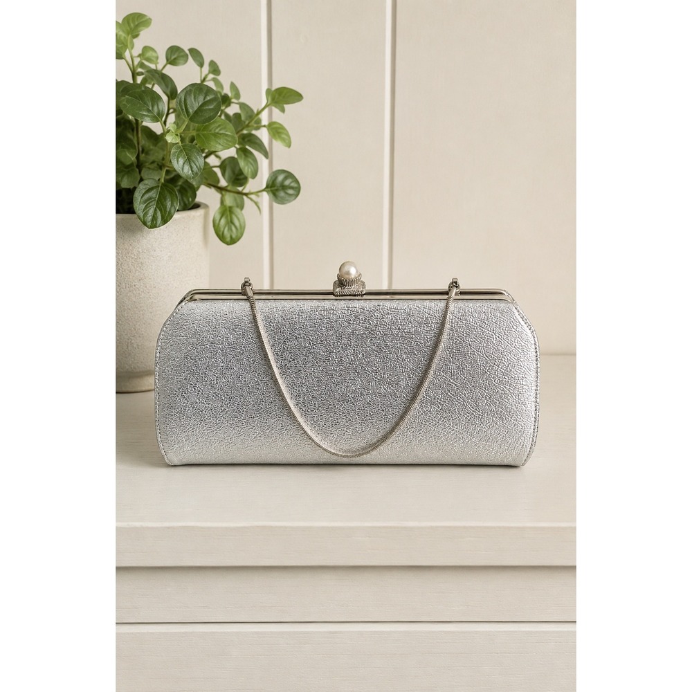 Vintage Silver Glitter Evening Clutch Pearl Clasp Chain Strap Wedding Formal